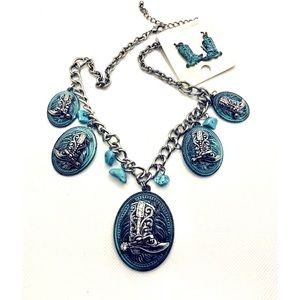 Turquoise Western Cowboy Boots Necklace And Earrings Set